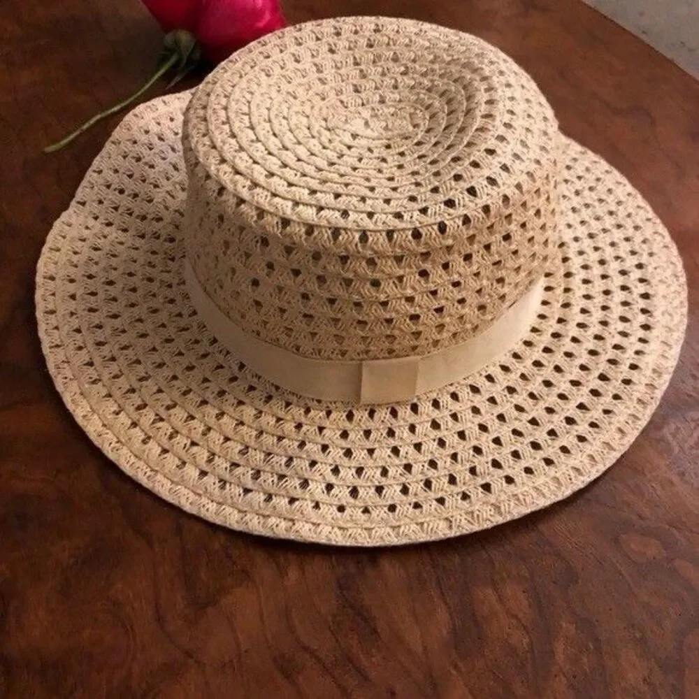 Free People Beige Crochet Woven Straw Sun Hat One Size Summer Beach